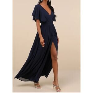 Lulus Navy Blue Flutter Sleeve Wrap Maxi Dress Bridesmaid Wedding Formal Size S